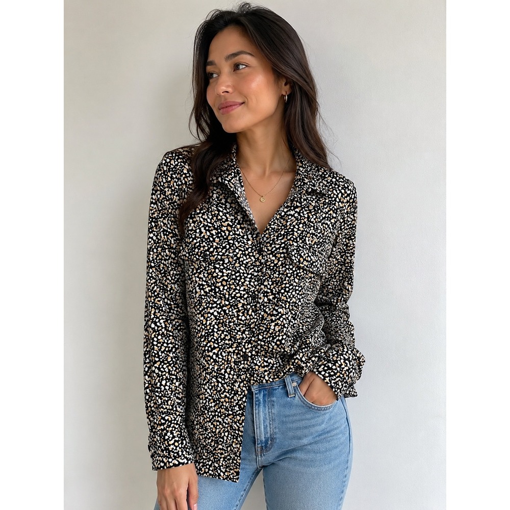 Kim‎ Rogers small Animal Print button dwn Shirt Roll Tab Long Sleeve Blouse